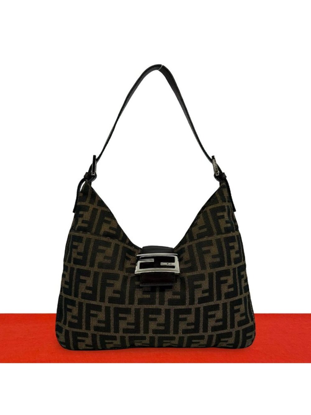 Fendi Zucca FF Logo Pattern Canvas Leather Shoulder Bag Brown